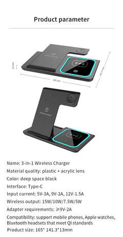 3-in-1 Fast Charging Station, Folding Wireless Charger Stand For iPhone...